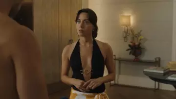 Outfits of The White Lotus TV series: Aubrey Plaza wears Halter swimsuit by Los Feliz to portray Harp­er Spiller in season 2, episode 1