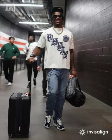 Kapital Blue Western Studded Jeans worn by Malik Nabers on the Instagram account @nygiants