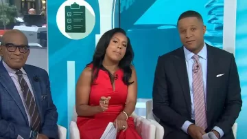 Aqua Paneled Midi Dress in Red worn by Sheinelle Jones as seen in Today on 
September 25, 2024