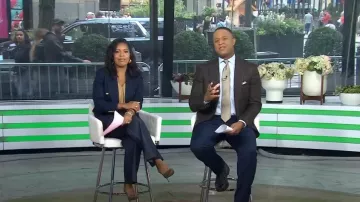 Cinq a Sept Azure Wide Leg Jeans worn by Sheinelle Jones as seen in Today on September 27, 2024