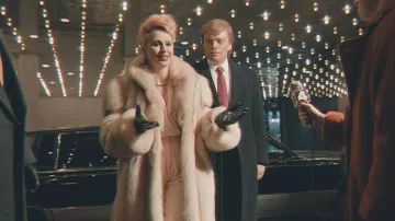 The Apprentice Movie Garments: Ivana Trump (Maria Bakalova) wears White Fur Coat