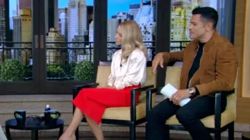 Saint Laurent Scarf-Neck Button Down Silk Blouse worn by Kelly Ripa as seen in LIVE with Kelly and Mark on September 18, 2024