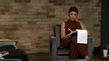 Black Halo Corinne Sleeveless Flared Leg Jumpsuit in Maroon worn by Jericka Duncan as seen in CBS Mornings on October 2, 2024