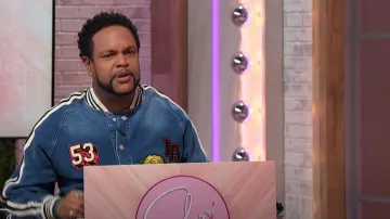 Forever 21 Patch Denim Bomber Jacket worn by Jawn Murray as seen in Sherri on September 27, 2024