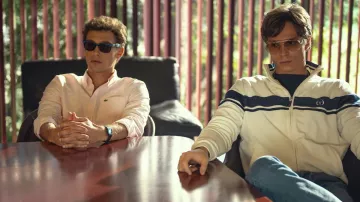 Wardrobe of Monsters TV series: Lyle Menendez (Nicholas Chavez) wears Sergio Tacchini track jacket in blue and white in season 1