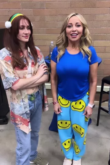 Tara Strong wears Aviator Nation Smiley Repeat Sky Blue Sweatpants in her Tiktok account @tarastrong