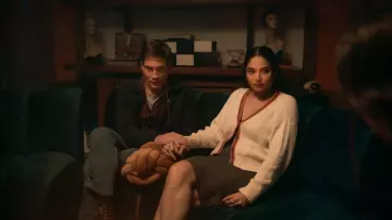 Wardrobe of It's What's Inside: Shelby (Brittany O'Grady) wears White Crop Cardigan with Tipping