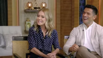 Miu Miu Polka Dot Silk Scarf Neck Shirt worn by Kelly Ripa as seen in LIVE with Kelly and Mark on October 1, 2024