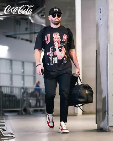 Alexander McQueen White, Red & Black Oversized Sneakers worn by Travis Kelce on the Instagram account @buccaneers
