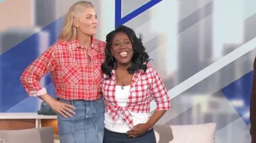 Mother The Line Up Swooner Denim Miniskirt worn by Amanda Kloots as seen in The Talk on  October 11, 2024