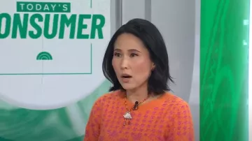 Maeve Houndstooth Fuzzy Cropped Sweater in Orange worn by Vicky Nguyen as seen in Today on  October 16, 2024