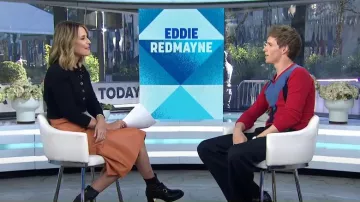 Pringle of Scotland Unisex V Neck Stripe Jumper in Red worn by Eddie Redmayne as seen in Today on  October 16, 2024