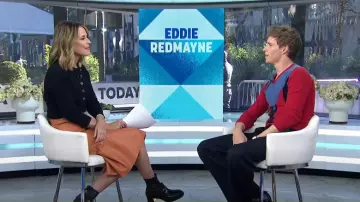 Pringle of Scotland Unisex V Neck Stripe Jumper in Red worn by Eddie Redmayne as seen in Today on  October 16, 2024