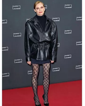 Chaqueta de cuero Magda Butrym ceñida por Diane Kruger en el estreno del Festival de Cine de Hamburgo The Shrouds el 3 de octubre de 2024