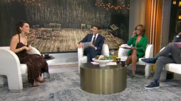 Oscar de la Renta Shell Crochet Knit Halter Peplum Tank Top worn by Zoey Deutch as seen in CBS Mornings on  October 14, 2024