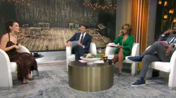 Oscar de la Renta Shell Crochet Knit Flared Midi Skirt worn by Zoey Deutch as seen in CBS Mornings  on October 14, 2024