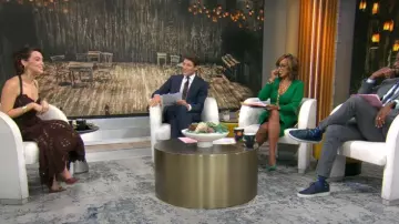 Oscar de la Renta Shell Crochet Knit Flared Midi Skirt worn by Zoey Deutch as seen in CBS Mornings  on October 14, 2024