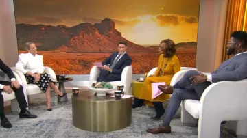 Proenza Schouler Carmen Dress in Gold worn by Gayle King as seen in CBS Mornings on  October 16, 2024