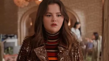 Selena Gomez wears Multicolor Striped Ribbed Turtleneck top to play Mabel Mora in Only Murders in the Building season 4, episode 9
