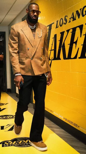 Louis Vuitton Brown Rodeo Print Double Breasted Jacket worn by LeBron James on the Instagram account @lakers