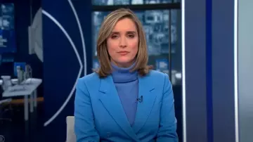 Dorothee Schumacher Emotional Essence Jacket In Cornflower Blue worn by Margaret Brennan as seen in CBS Evening News on October 19, 2024