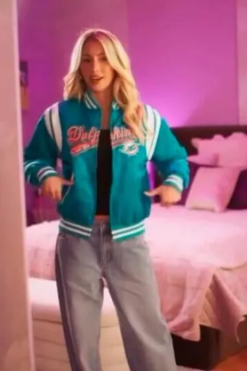Miami Dolphins Bomber Jacket worn by Alix Earle at NFL on Fox Advertisement on October 6, 2024