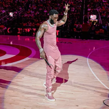 Rick Owens Dusty Pink Geobasket Sneakers worn by Gucci Mane on the Instagram account @laflare1017