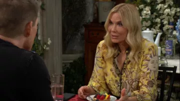 Alice + Olivia Willa Shirt in Lisboa Lemon Meringue worn by Brooke Logan (Katherine Kelly Lang) as seen in The Bold and the Beautiful on October 17, 2024