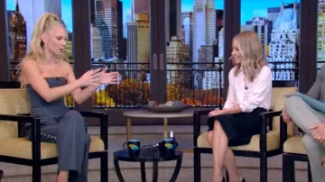 Miaou Naya Pinstripe Trousers worn by Juno Temple as seen in LIVE with Kelly and Mark on October 24, 2024