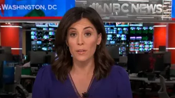 Elie Tahari Embroidered Silk Shirt In Winter Plum worn by Hallie Jackson as seen in Today on October 23, 2024