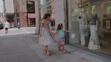 Enchanted Movie Costumes: Giselle (Amy Adams) wears Chiffon Off-Shoulder Pink Floral Dress