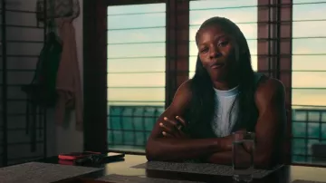 Hotouch Women Summer Crop Mock Neck Ruched Eyelet Slim Fit Tank Top White worn by Sharicka Jackson as seen in SPRINT (S01E06)
