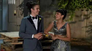 Blockers Wardrobe: Kayla (Geraldine Viswanathan) wears Ellie Wilde by Mon Cheri Blue and Gold Two Piece Dress