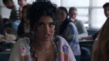 Mean Girls Movie Wardrobe: Karen Shetty (Avantika Vandanapu) wears Cider Multicolor Floral Crochet Knitted Cardigan