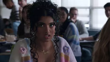 Mean Girls Movie Wardrobe: Karen Shetty (Avantika Vandanapu) wears Cider Multicolor Floral Crochet Knitted Cardigan