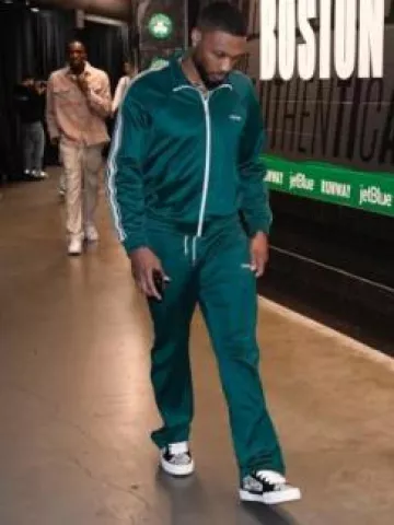 Celine Green & White Stripe Track Jacket worn by Damian Lillard on the Instagram account @nbafashionfits