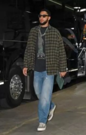 Rick Owens Dust Grey Suede Vintage Sneakers worn by Ben Simmons on the Instagram account @nbafashionfits