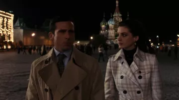 Wardrobe of Get Smart: Anne Hathaway wears Burberry Long Linen Nova Check Slim Fit Trench Coat to portray Agent 99