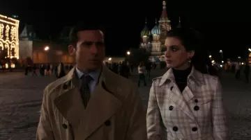 Wardrobe of Get Smart: Anne Hathaway wears Burberry Long Linen Nova Check Slim Fit Trench Coat to portray Agent 99