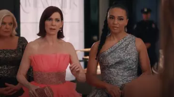 Teri Jon by Rickie Freeman One-Shoulder Jacquard Side-Ruffle Gown worn by Officer Kaya Blanke (Carra Patterson) as seen in Elsbeth (S02E04)