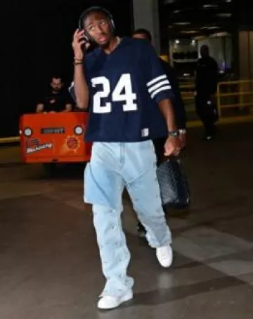 Y Project Light Ice Blue Snap Panel Jeans worn by Tyrese Maxey on the Instagram account @nbafashionfits