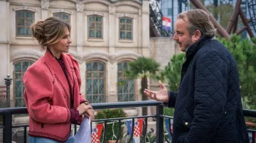Ophélie Meunier wears an embroidered pink wool jacket in the show Forbidden Zone: Europa Park: the new craziness of the best amusement park in the world on October 27, 2024