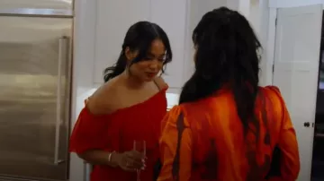 Pretty Little Thing Petite Red Chiffon Bardot Ruffle Tiered Dress worn by Monique Samuels as seen in The Real Housewives of Potomac (S09E06)