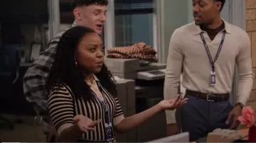 Mango Stripe Knitted Polo in Black and Brown worn by Janine Teagues (Quinta Brunson) as seen in Abbott Elementary (S04E06)