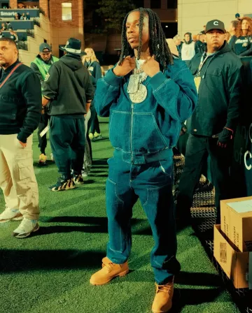 Dior Blue Denim Hooded Workwear Jacket worn by Polo G on the Instagram account @polo.capalot