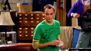 Outfits of The Big Bang Theory TV series: Sheldon Cooper (Jim Parsons) wears The Green Batman Bats Riddler Question Mark T-Shirt in season 1, episode 3