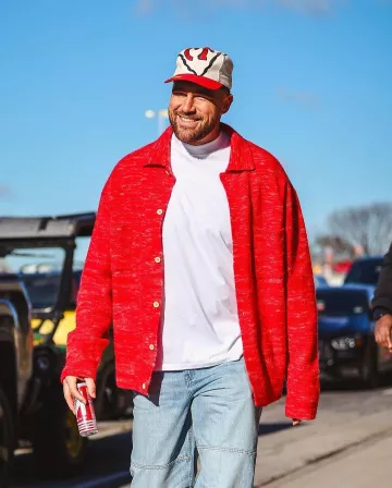The Elder Statesman Red Heathered Jasper Overshirt worn by Travis Kelce on the Instagram account @chiefs
