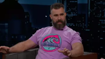 Jason Kelce wears Pink T-Shirt at the Jimmy Kimmel Live! studio in Hollywood on November 21, 2024