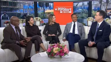 Theory Silk Tie Neck Blouse in Mink worn by Laura Jarrett as seen in Today on  November 22, 2024