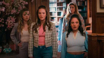 Steve Madden Harlow Tweed One Button Blazer worn by Virginia (Shay Rudolph) as seen in The Sex Lives of College Girls (S03E01)